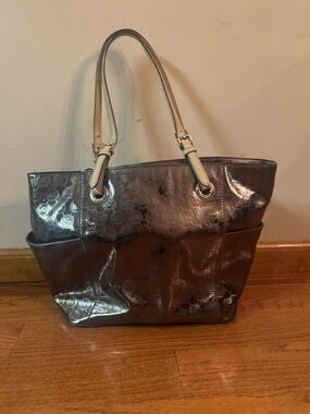 Michael Kors Metallic Gray Tote with Cream Handles with matching wallet
